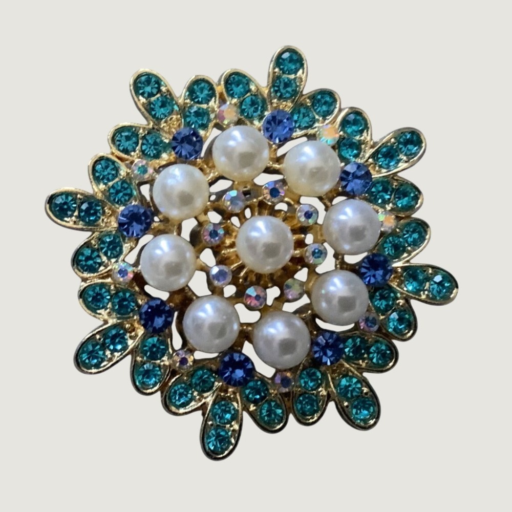 Vintage Gold Tone Faux Pearl Rhinestone Sunburst Brooch Teal Blue Floral Pin 2"